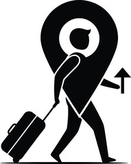 Stylized person with suitcase walking towards a large red map pin location marker with an upward arrow