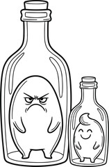 Two cartoon characters in glass bottles one angry and one happy representing contrasting emotions and situations