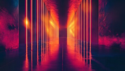 Abstract red and orange neon light columns reflecting on wet floor