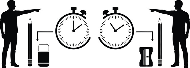 Two men pointing at stopwatches illustrating the concept of time management and deadlines in creative work