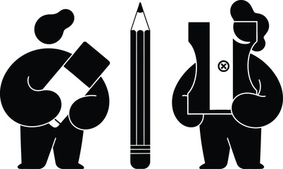 Two stylized black figures holding a book and a pencil sharpener with a large pencil in the center on a white background