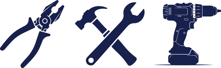 Navy Blue Icons Of Pliers Hammer Wrench And Drill On White Keywords: pliers, hammer, wrench, drill, tools, construction, repair