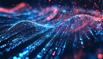 Abstract blue and red glowing particle wave background