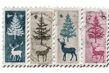 Obraz premium Collection of vintage Christmas stamps featuring deer and Christmas trees isolated on white background