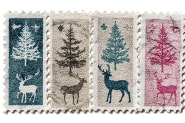 Collection of vintage Christmas stamps featuring deer and Christmas trees isolated on white background