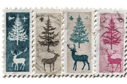 Collection of vintage Christmas stamps featuring deer and Christmas trees isolated on white background