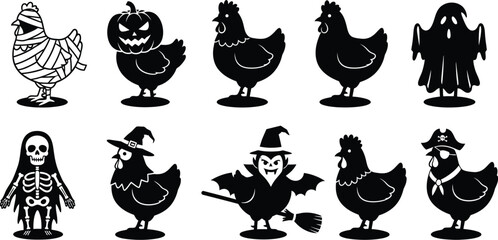 Obraz premium Black and white cartoon chickens dressed in various Halloween costumes. Halloween chicken costume dressed as a and skeleton vector illustration 