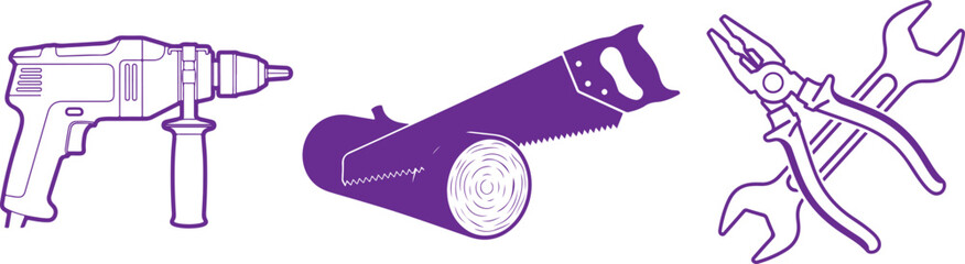 Purple Outline Icons Of Power Drill Handsaw And Pliers With Wrenches cordless drill electric drill
