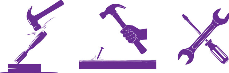 Purple Silhouette Icons Of Chisel Hammer Nail And Screwdriver With Wrenches wood board