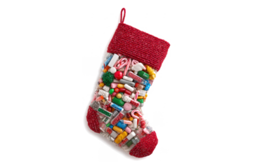 Christmas stocking filled with pills and capsules a conceptual image about holiday overindulgence isolated on white
