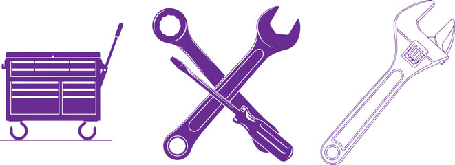 Purple Silhouettes of a Toolbox, Crossed Wrenches and Screwdriver, and Adjustable Wrench Keywords: toolbox, tool cart, rolling