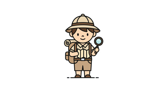 Cute Cartoon Boy Explorer with Pith Helmet Backpack and Magnifying Glass.