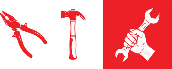 Red Pliers, Hammer, and Hand Holding Wrench on White and Red Background Keywords: tools, pliers, hammer, wrench, hand, holding