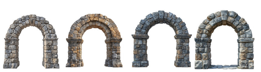 Four ancient stone arches with different textures and designs, isolated on transparent background