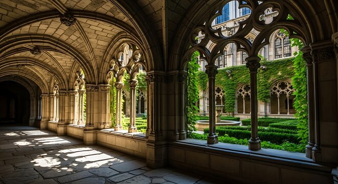 A sun-drenched cloister walkway, showcasing a tranquil courtyard garden enclosed by intricate Gothic arches.