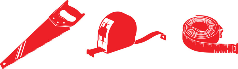 Red Silhouettes of Saw, Tape Measure Case, and Rolled Tape Measure tool measuring tape