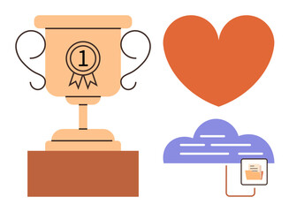 Trophy with 1 badge, large heart, cloud with document icon. Ideal for achievement, love, teamwork, recognition, passion success digital storage. Simple flat metaphor