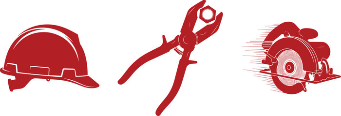Red Silhouettes of Hard Hat, Pliers with Nut, and Circular Saw with Speed Lines tool