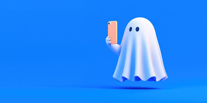 Funny ghost taking a selfie with smartphone on blue background. Modern Halloween concept and social media humor illustration with copy space