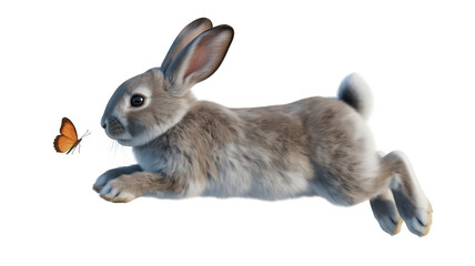 Obraz premium Realistic light gray bunny mid jump with orange butterfly on transparent background black background