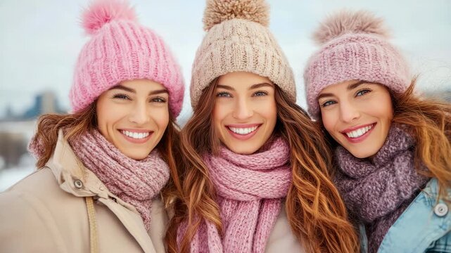 Three joyful women in warm knitwear and fluffy bobble hats sharing bright smiles on crisp winter day