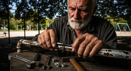 Repair work in progress with senior man working on pipeline with old tools, performing repair work outdoors. Repair work includes using a wrench and bolts to fix worn pipe in outdoor setting.