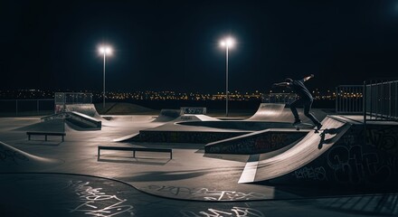 Skatepark scene features skateboarder at night on edge of ramp in urban setting. Skatepark photography shows active skater performing trick at night.