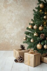 Christmas tree decorated with ornaments and presents set against a textured background creating a warm holiday atmosphere