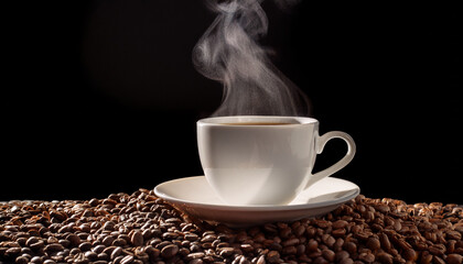Obraz premium Steaming Coffee Cup Put On Coffee Beans Isolated On Black Background
