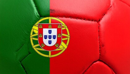 A close-up of a soccer ball featuring the Portuguese flag design