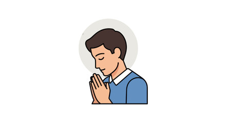 Young man with closed eyes praying with hands clasped together.