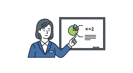 Woman presenting a pie chart on a whiteboard illustration.