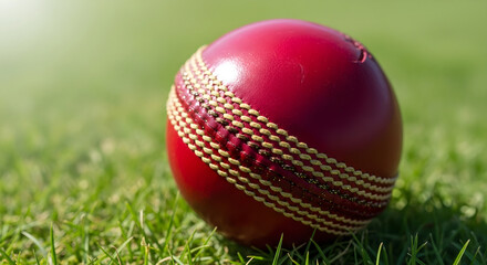Close up of a red cricket ball on green grass