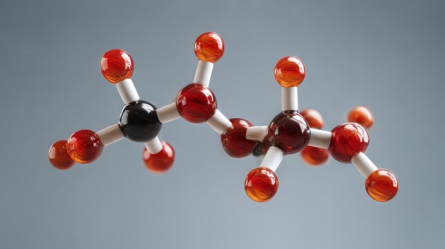A 3D rendering depicts a caffeine molecule against a gray backdrop. The image isolates the molecular structure of caffeine, showcasing it in a three-dimensional format.
 