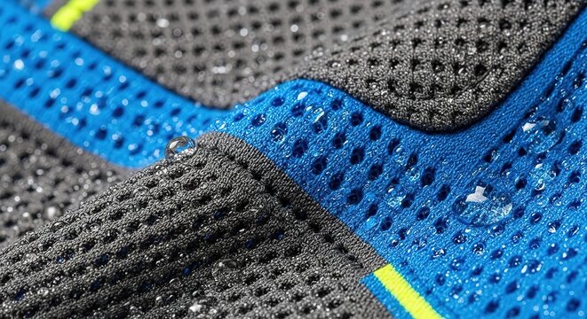 Dynamic close-up of water droplets on breathable athletic fabric showcasing advanced textile technology