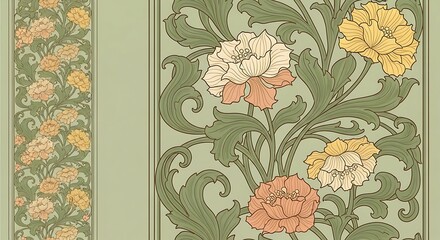 A delicate floral pattern, featuring a repeating border of peonies and scrolling vines on a soft sage green backdrop, creates a tranquil and ornate design.