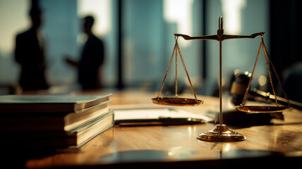 Scales of justice on a legal desk conveying fairness ethics and balance in law litigation and corporate compliance.
