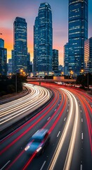 Obraz premium A curving highway at dusk, with streaks of light from speeding vehicles, stretches beneath a skyline of illuminated high-rise buildings.