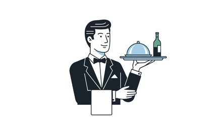 Elegant Waiter in Tuxedo Serving Food and Wine on a Tray.