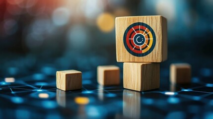 Customer relationship management concept: Data exchange development and customer service, with wooden block and business goals for customer-focused group.