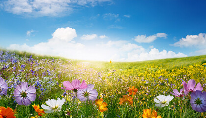 Obraz premium Colorful Wildflower Meadow With Blue Sky And Sunshine Floral Summer Background Banner With Copy Space