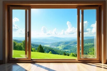Obraz premium Breathtaking Panoramic View Sunlight Streams Through Window onto Rolling Hills