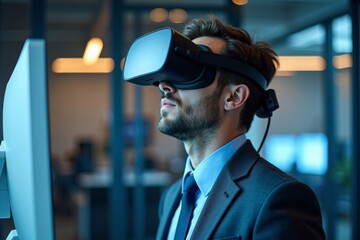 Entrepreneur utilizing virtual reality headset in a modern office environment.