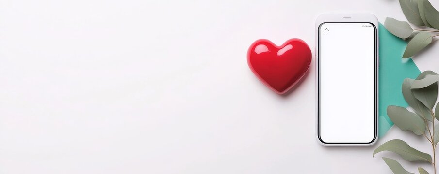 Heart and Phone Mockup with Eucalyptus on White Background, mockup, love