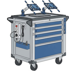 Mobile Tool Cart with Two Monitors and Storage Drawers.