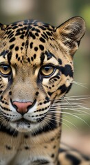 Fototapeta premium Close-up view of a clouded leopard's striking face, showcasing intricate patterns and intense, focused eyes.