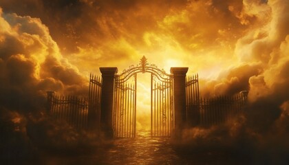 Golden gate to heaven opening into a bright, cloudy sky