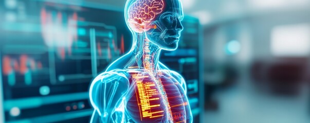 Human Anatomy Scan with Glowing Brain and Data, Medical Visualization , Anatomy
