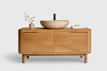 Modern wooden vanity with a round stone basin and minimal decorations for a sleek bathroom design