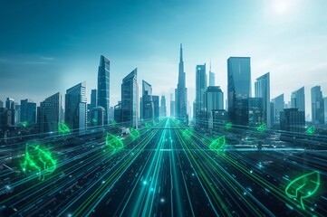 Fototapeta premium Futuristic city skyline with green leaves and glowing lines representing sustainable technology
